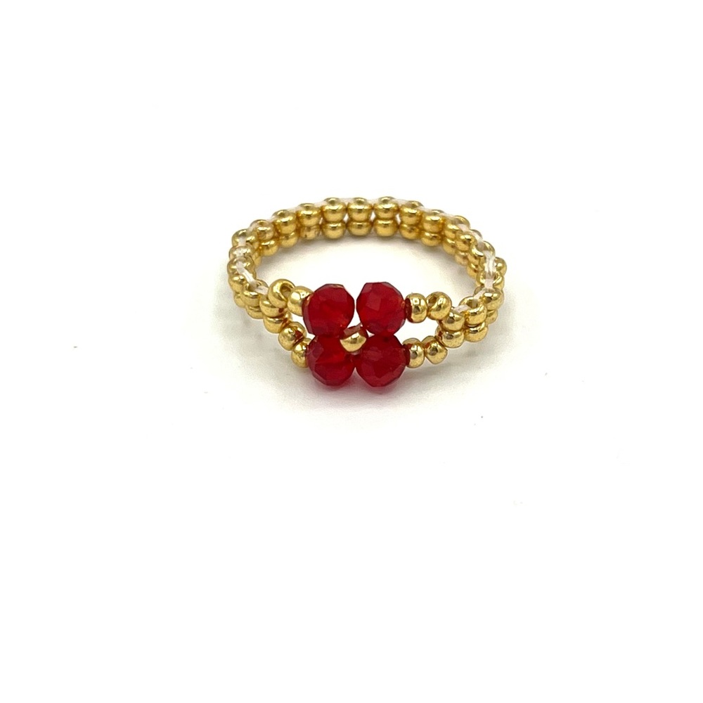 HAND CRAFTED Gold Beaded and Red Crystal Ring